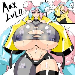 Rule 34 | 1girl, blue hair, blush, bottle, breast expansion, breasts, cleavage, covered erect nipples, creatures (company), curvy, female focus, game freak, gen 1 pokemon, gigantic breasts, growth, hair ribbon, highres, iono (pokemon), lactation, lactation through clothes, long hair, looking at viewer, magnemite, marco cordoba, milk bottle, multicolored hair, navel, nintendo, pink eyes, pink hair, pokemon, pokemon sv, ribbon, sharp teeth, solo, sweat, teeth, thick thighs, thighs, torn clothes, twintails, two-tone hair, underboob, very long hair, wide hips