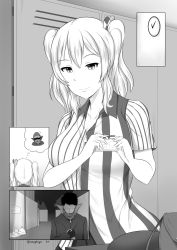 Rule 34 | 10s, 1boy, 1girl, bandana, beanie, breasts, clock, comic, commentary, employee uniform, gloves, greyscale, hair ribbon, hat, highres, imagining, jacket, kantai collection, kashima (kancolle), large breasts, lawson, long hair, monochrome, name tag, ribbon, robba-san (wangphing), scar, shirt, silent comic, smile, striped clothes, striped shirt, trash bag, twintails, uniform, vertical-striped clothes, vertical-striped shirt, wangphing