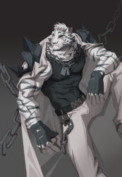 Rule 34 | 1boy, absurdres, animal ears, arknights, bandaged hand, bandages, bara, black tank top, chain, chain necklace, formal, furry, furry male, highres, jewelry, looking to the side, male focus, mountain (arknights), muscular, muscular male, necklace, pants, scar, scar across eye, scar on face, spiked pauldrons, suit, tank top, tiger boy, tiger ears, tiger stripes, tomei (1185804446), white pants, white suit
