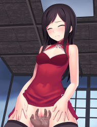 Rule 34 | 10s, 1girl, bare arms, bare shoulders, black hair, black thighhighs, blush, breasts, censored, closed eyes, cowboy shot, detached collar, dress, embarrassed, fingering, hanasaku iroha, indoors, legs, long hair, mosaic censoring, no panties, pov, pussy, pussy juice, red dress, sleeveless, small breasts, solo focus, standing, tears, thighhighs, thighs, tsurugi minko, wet