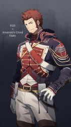 Rule 34 | 00047, 1boy, assassin&#039;s creed: unity, assassin&#039;s creed (series), beard, blue eyes, brown hair, commentary request, facial hair, fate/grand order, fate (series), gloves, highres, hood, hood down, hoodie, long sideburns, looking at viewer, male focus, military, military uniform, napoleon bonaparte (fate), pants, sideburns, solo, uniform