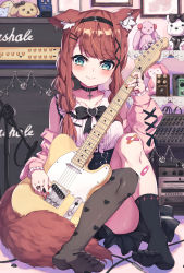 Rule 34 | 1girl, absurdres, animal ear fluff, animal ears, audio jack, black choker, black hairband, black skirt, black thighhighs, blush, braid, brown hair, cable, choker, closed mouth, collarbone, commentary request, cross, ear piercing, electric guitar, green eyes, guitar, hair ornament, hairband, hairclip, heart, heart print, high-waist skirt, highres, holding, holding guitar, holding instrument, instrument, jacket, jewelry, latin cross, long hair, looking at viewer, masaki (msk064), microphone stand, nail polish, off shoulder, open clothes, open jacket, orange nails, original, pantyhose, piercing, pink jacket, print legwear, print pantyhose, ring, shirt, single sock, single thighhigh, skirt, sleeveless, sleeveless shirt, smile, socks, solo, stuffed animal, stuffed dog, stuffed rabbit, stuffed toy, tail, teddy bear, thighhighs, twin braids, twintails, white shirt, x hair ornament
