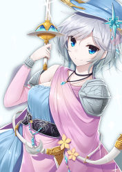 Rule 34 | 10s, 1girl, anastasia (idolmaster), belt, belt buckle, blue eyes, blue gemstone, blue hat, bracelet, breasts, buckle, capelet, close-up, closed mouth, collarbone, commentary, crescent, eyebrows, gem, gradient background, granblue fantasy, hair ornament, hat, highres, holding, holding sword, holding weapon, idolmaster, idolmaster cinderella girls, jewelry, looking at viewer, medium breasts, necklace, pendant, see-through, shawl, short hair, shoulder pads, silver hair, smile, solo, sword, tanakahazime, tsurime, unsheathed, upper body, weapon