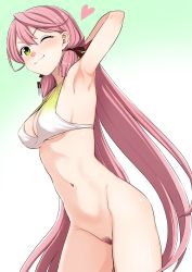 Rule 34 | 1girl, akashi (kancolle), arm up, armpits, bikini, bikini top only, blush, bottomless, breasts, cleavage, closed mouth, commentary request, cowboy shot, female pubic hair, green eyes, hair between eyes, hair ribbon, heart, kantai collection, kumadano, long hair, looking at viewer, low twintails, medium breasts, navel, one eye closed, pink hair, pubic hair, ribbon, sideboob, simple background, smile, solo, standing, swimsuit, twintails, underboob, very long hair