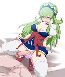 Rule 34 | 2boys, :q, androgynous, blush, breasts, censored, choker, cleavage, crotchless, crotchless panties, erection, foreskin, futa with male, futanari, green hair, hairband, has uncensored version, highres, imminent rape, ixion saga, large breasts, maid, mariandale, minemura, multiple boys, naughty face, newhalf, newhalf with male, panties, penis, perineum, pointless censoring, purple panties, solo focus, spread legs, sweat, thighhighs, tongue, tongue out, underwear, white legwear, yaoi