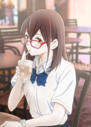 Rule 34 | 1girl, blue bow, blue bowtie, blue skirt, blurry, blurry background, bow, bowtie, brown eyes, brown hair, cafe, chair, collared shirt, cup, disposable cup, drinking, drinking straw, glasses, highres, holding, holding cup, indoors, kimi no suizou wo tabetai, long hair, looking at viewer, milkshake, pleated skirt, school uniform, shirt, short sleeves, sitting, skirt, solo, table, take20131004, watch, white shirt, wristwatch, yamauchi sakura