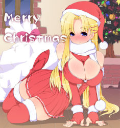 Rule 34 | 1girl, blonde hair, blue eyes, boots, breasts squeezed together, breasts, christmas, cleavage, elbow gloves, gloves, goban, hat, huge breasts, long hair, miniskirt, original, red gloves, santa costume, santa hat, skirt, smile, solo, thighhighs, very long hair