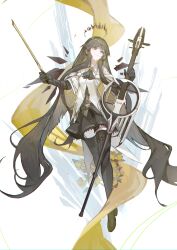 Rule 34 | 1girl, absurdly long hair, absurdres, arknights, ascot, belt, belt buckle, black ascot, black belt, black eyes, black footwear, black garter straps, black gloves, black hair, black halo, black skirt, black thighhighs, black wings, blunt bangs, bow (music), breasts, broken halo, buckle, cello, chromatic aberration, closed mouth, collared jacket, colored inner hair, commentary, curtains, dark halo, detached wings, dress shirt, energy wings, facing viewer, floating, flower, full body, garter straps, gloves, grey hair, grey shirt, halo, hands up, highres, hime cut, holding, holding bow (music), holding instrument, holding violin, instrument, jacket, kingcraft kingu, knees, layered sleeves, leaf, legs, legs together, light particles, light smile, long hair, long sleeves, looking at object, looking to the side, medium breasts, miniskirt, multicolored hair, pale color, pale skin, pleated skirt, rose, shadow, shirt, shoes, short over long sleeves, short-sleeved jacket, short sleeves, sidelocks, simple background, skirt, solo, straight hair, thighhighs, two-tone hair, very long hair, violin, virtuosa (arknights), white background, white belt, white jacket, wide sleeves, wing collar, wings, yellow flower, yellow rose, zettai ryouiki