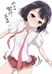 Rule 34 | 1girl, black hair, blue eyes, blush, breasts, closed mouth, collarbone, heart, heart-shaped pupils, highres, looking at viewer, microskirt, necktie, no panties, red necktie, red skirt, sagimori arata, saki (manga), school uniform, shirt, short hair, simple background, skirt, small breasts, smile, solo, standing, sweat, symbol-shaped pupils, white background, white shirt, xiao rui rui