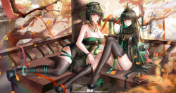 Rule 34 | 2girls, absurdres, black footwear, black hair, black thighhighs, breasts, china dress, chinese clothes, cleavage, crown, dress, elbow gloves, gloves, green eyes, green hair, hair ornament, hanying: zitherwoe (punishing: gray raven), hanying (punishing: gray raven), high heels, highres, jewelry, large breasts, long hair, looking at viewer, multicolored hair, multiple girls, nail polish, punishing: gray raven, qu: pavo (punishing: gray raven), qu (punishing: gray raven), red eyes, shoe dangle, sitting, smll233, soles, thighhighs