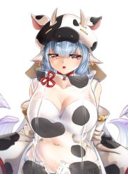 Rule 34 | 1girl, absurdres, animal ears, animal print, bare shoulders, bikini, blue hair, blush, breasts, casul, catura (granblue fantasy), cleavage, cow ears, cow girl, cow hat, cow horns, cow print, cow print sleeves, detached collar, detached sleeves, draph, ear piercing, granblue fantasy, highres, horns, large breasts, long hair, looking at viewer, navel, open mouth, piercing, pointy ears, red eyes, see-through, short shorts, shorts, solo, swimsuit, thighs, white bikini, white shorts, wide sleeves