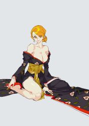 Rule 34 | 1girl, absurdres, bangle, bare shoulders, black kimono, bracelet, breasts, cleavage, collarbone, floral print, hair ornament, hairclip, highres, japanese clothes, jewelry, kimono, large breasts, looking at viewer, nami (one piece), official alternate costume, one piece, orange hair, ponytail, shoulder tattoo, sitting, solo, taobuliaoke, tattoo, thighs, yellow eyes