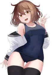 1girl absurdres beisaku_bei black_thighhighs blush breasts brown_hair collarbone cowboy_shot fang gluteal_fold hair_between_eyes hair_ornament hairclip highres ikazuchi_(kancolle) kantai_collection long_hair long_sleeves looking_at_viewer neckerchief old_school_swimsuit open_clothes open_mouth open_shirt school_swimsuit school_uniform serafuku short_hair simple_background small_breasts smile swimsuit thighhighs very_long_hair white_background