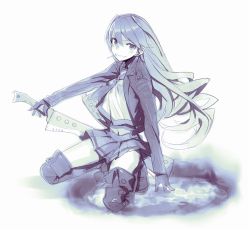 Rule 34 | boots, gloves, grin, kanjy00u, kneeling, long hair, monochrome, mouth hold, original, sketch, skirt, smile, solo, sword, thigh boots, thighhighs, weapon