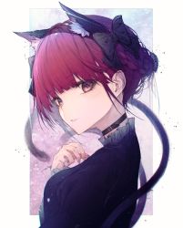 Rule 34 | 1girl, animal ears, bare shoulders, black bow, black dress, blush, bow, braid, breasts, cat ears, choker, collar, collarbone, collared shirt, dress, extra ears, frilled dress, frilled sleeves, frills, hair bow, hair ornament, hand up, highres, hito komoru, kaenbyou rin, long sleeves, looking at viewer, medium hair, multiple tails, nail polish, nekomata, red eyes, red hair, red nails, shirt, simple background, small breasts, smile, solo, tail, touhou, twin braids, two tails, upper body