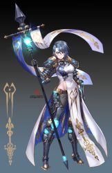 Rule 34 | 1girl, armor, armored boots, asymmetrical bangs, asymmetrical clothes, asymmetrical hair, banner, blue eyes, blue hair, boots, box (hotpppink), contrapposto, crystal, full body, gauntlets, glowing crystal, gold trim, greaves, highres, hip bones, knight, looking at viewer, original, pants, pauldrons, pelvic curtain, serious, shoulder armor, simple background, solo, tsurime, vambraces, waist cape