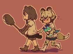 Rule 34 | &gt; &lt;, 10s, 2girls, african wild dog (kemono friends), african wild dog print, animal ears, bear ears, paw stick, bear tail, black hair, boots, bow, bowtie, brown bear (kemono friends), dog ears, dog tail, extra ears, flying sweatdrops, kemono friends, layered sleeves, long sleeves, lucky beast (kemono friends), multicolored hair, multiple girls, ouka (yama), outdoors, red background, shirt tug, short hair, short over long sleeves, short sleeves, simple background, tail, two-tone hair, walking, white hair