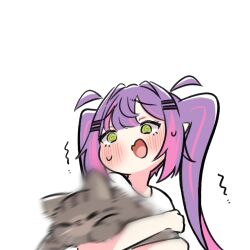 Rule 34 | 1girl, absurdres, animal, blurry, blush, buibui, cat, commentary, green eyes, hair ornament, hairclip, highres, holding, holding animal, hololive, long hair, multicolored hair, pink hair, purple hair, shirt, sidelocks, simple background, solo, streaked hair, sweat, symbol-only commentary, t-shirt, tokoyami towa, twintails, upper body, virtual youtuber, white background, white shirt