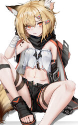 Rule 34 | 1girl, absurdres, animal ear piercing, animal ears, arknights, black cape, black footwear, black shorts, blonde hair, blush, bright pupils, cape, feet, foot out of frame, fox ears, fox girl, fox tail, hair between eyes, hair ornament, hairclip, hand in own hair, highres, knee up, legs, looking at viewer, material growth, midriff, nopetroto, notched ear, orange eyes, oripathy lesion (arknights), parted lips, prosthesis, prosthetic arm, revision, sandals, scar, scar on stomach, short hair, short shorts, shorts, simple background, sitting, solo, strapless, tail, toeless footwear, toenails, toes, tube top, vermeil (arknights), white background, white pupils, white tube top