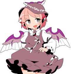 Rule 34 | 1girl, animal ears, arm behind back, bird ears, bird wings, brown dress, brown headwear, cowboy shot, dress, fang, grey eyes, holding, holding clothes, holding dress, ini (inunabe00), juliet sleeves, long sleeves, looking at viewer, mystia lorelei, open mouth, pink hair, puffy sleeves, short hair, simple background, solo, standing, touhou, white background, white wings, winged hat, wings