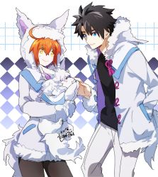 Rule 34 | &gt; &lt;, 1boy, 1girl, 2016, adapted costume, ahoge, animal hood, black pantyhose, black shirt, blue eyes, blush, capelet, checkered background, closed eyes, coat, cosplay, cowboy shot, creature, dated, dual persona, duffel coat, fate/grand order, fate (series), fluffy collar, fou (fate), fou (fate) (cosplay), fujimaru ritsuka (female), fujimaru ritsuka (male), fur-trimmed coat, fur-trimmed sleeves, fur trim, hand in pocket, highres, holding, hood, hooded jacket, jacket, minazaka, open clothes, open coat, orange hair, pants, pantyhose, shirt, short hair, side ponytail, signature, smile, tail, white coat, white pants, yellow eyes