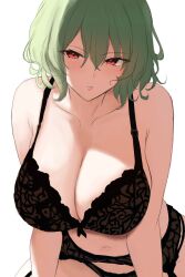 1girl absurdres bent_over breasts cleavage double-parted_bangs green_hair hair_between_eyes highres kazami_yuuka large_breasts lingerie looking_at_viewer moriforest1040 red_eyes simple_background solo touhou underwear white_background