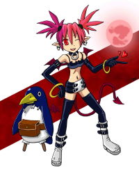 Rule 34 | 00s, 1girl, ;3, boots, bracelet, collar, demon, demon girl, disgaea, earrings, etna (disgaea), female focus, gloves, heart, jewelry, makai senki disgaea, miniskirt, moon, necklace, one eye closed, prinny, red eyes, red hair, red moon, skirt, solo, standing, tail, twintails, wings, wink