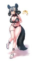Rule 34 | 2girls, :d, ^ ^, adapted costume, animal ears, aye-aye (kemono friends), bare arms, bare shoulders, bikini, black bikini, black hair, blush, breasts, bridal gauntlets, closed eyes, commentary request, dated, embarrassed, flying sweatdrops, full body, gloves, golden snub-nosed monkey (kemono friends), half gloves, highres, huge breasts, kemono friends, lemur ears, lemur tail, light brown hair, looking at viewer, low twintails, multicolored hair, multiple girls, ok sign, open mouth, orange eyes, signature, simple background, smile, solo focus, sweat, swimsuit, tail, thigh gap, thigh strap, twintails, two-tone hair, white background, yoshida hideyuki