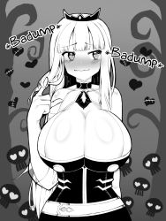 Rule 34 | 1girl, @ @, breasts, greyscale, heart, heart-shaped eyes, highres, hololive, hololive english, huge breasts, looking to the side, monochrome, mori calliope, niell sugata, skull, solo, tiara, virtual youtuber