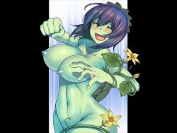 Rule 34 | 1girl, blush, breasts, closed eyes, colored skin, game cg, green skin, large breasts, mon-musu quest!, mon-musu quest: paradox, monster girl, nipples, nude, open mouth, punching, purple hair, short hair, solo, webbed hands