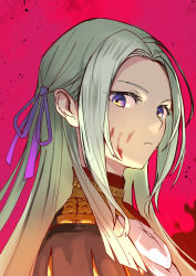 Rule 34 | 1girl, blood, blood on face, blood splatter, closed mouth, edelgard von hresvelg, epaulettes, fire emblem, fire emblem: three houses, from side, green hair, hair ribbon, kagawa ichigo, long hair, looking at viewer, looking to the side, military, military uniform, nintendo, purple eyes, purple ribbon, red-framed eyewear, ribbon, simple background, solo, uniform, wide-eyed