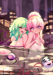 Rule 34 | 2girls, closed eyes, commentary request, completely nude, fub (fubimanji), green hair, hata no kokoro, heart, heart of string, highres, komeiji koishi, leaning on person, long hair, looking to the side, mask, multiple girls, naked towel, nude, onsen, open mouth, pink eyes, pink hair, short hair, smile, third eye, touhou, towel, yuri