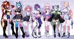 Rule 34 | 6+girls, ahoge, alternate costume, android, animal ear fluff, animal ear headphones, animal ears, apricot the lich, apricot the lich (1st costume), arm behind head, asymmetrical legwear, bandaid, bandaid on face, belt, bikini, bikini top only, black belt, black bow, black choker, black footwear, black gloves, black jacket, black skirt, blouse, blue eyes, blue hair, boots, bow, bra, bracelet, breasts, cat ear headphones, cat ears, cat girl, character name, choker, cleavage, cleavage cutout, clothing cutout, colored inner hair, corset, denim, denim shorts, dragon girl, dragon horns, dragon wings, eyebrows hidden by hair, fake animal ears, fangs, finger to own chin, fingerless gloves, fishnet legwear, fishnets, full body, gloves, gradient hair, green eyes, green hair, hair bow, headphones, heart, heart ahoge, heart hair, high heel boots, high heels, highres, hime hajime, hood, hooded jacket, horns, indie virtual youtuber, ironmouse, jacket, jewelry, large breasts, leather vest, lich, licking lips, long hair, long sleeves, looking at viewer, medium breasts, melody (projektmelody), midriff, mini wings, mismatched legwear, multicolored hair, multiple girls, multiple horns, nail polish, navel, nyatasha nyanners, object through head, off shoulder, official alternate costume, official art, open hand, open mouth, pantyhose, paw print, pink belt, pink bow, pink hair, pink nails, pink skirt, plaid, plaid shirt, platform footwear, platform heels, pointing, pointing at self, pointy ears, puppeteer7777, purple bow, purple eyes, purple hair, purple jacket, purple nails, red hair, screw in head, shirt, shoes, short hair with long locks, short shorts, short sidetail, shorts, side ponytail, sidelocks, silvervale, silvervale (4th costume), single strap, single thighhigh, skirt, sleeves past fingers, sleeves past wrists, smile, sneakers, spiked bracelet, spikes, standing, straight-on, strapless, streaked hair, suspender skirt, suspenders, swimsuit, thigh boots, thigh strap, thighhighs, tiara, tongue, tongue out, transparent background, tube top, twintails, underwear, uneven legwear, virtual youtuber, vshojo, white bra, white legwear, white shirt, wings, yellow eyes, zentreya, zentreya (dragon)