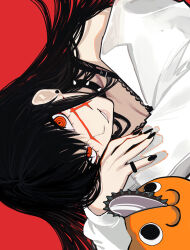 Rule 34 | 1girl, absurdres, black hair, black nails, chainsaw, chainsaw man, collar, cross scar, earrings, facial scar, head rest, highres, jewelry, lingerie, long hair, looking at viewer, off shoulder, orange eyes, parted lips, pochita (chainsaw man), red background, ring, ringed eyes, sailen0, scar, scar on cheek, scar on face, shirt, sideways, simple background, smile, spiked collar, spikes, stud earrings, underwear, white shirt, yoru (chainsaw man)