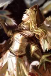 Rule 34 | 1girl, achyue, belt, blonde hair, blood, blood on face, blood on clothes, blurry, braid, cape, cuts, depth of field, dress, eyelashes, feathers, floating hair, gloves, half-closed eyes, highres, hood, injury, long hair, outstretched arms, outstretched hand, parted lips, pixiv fantasia, pixiv fantasia fallen kings, red eyes, side braid, spread arms, sunlight, torn clothes, white dress