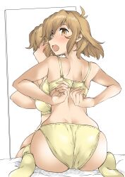 Rule 34 | 1girl, ass, back, bed, blush, bow, bow bra, bra, breasts, brown eyes, brown hair, commentary, elf (stroll in the woods), from behind, highres, looking at viewer, looking back, medium breasts, mirror, on bed, open mouth, panties, reflection, senki zesshou symphogear, short hair, shoulder blades, sitting, socks, solo, tachibana hibiki (symphogear), textless version, underwear, underwear only, undressing, wariza, yellow bra, yellow panties, yellow socks