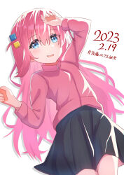Rule 34 | 1girl, absurdres, ao (flowerclasse), arm up, black skirt, blue eyes, blush, bocchi the rock!, commentary request, cube hair ornament, dated, gotoh hitori, hair between eyes, hair ornament, highres, jacket, long hair, long sleeves, looking at viewer, nervous smile, one side up, parted lips, pink hair, pink jacket, pleated skirt, simple background, skirt, smile, solo, track jacket, translation request, very long hair, white background