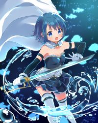Rule 34 | 1girl, bare shoulders, belt, belt buckle, blue background, blue eyes, blue hair, blue skirt, blush, breasts, buckle, cape, cleavage, commentary request, cowboy shot, cutlass, detached sleeves, dot nose, eighth note, elbow gloves, fish, fortissimo, furrowed brow, gloves, hair ornament, highres, holding, holding sword, holding weapon, looking at viewer, magical girl, mahou shoujo madoka magica, mahou shoujo madoka magica (anime), mahou shoujo madoka magica movie 1 &amp; 2, miki sayaka, musical note, musical note hair ornament, open mouth, quaver, ruru (rurumagi), saber (weapon), short hair, skirt, small breasts, solo, sword, thighhighs, v-shaped eyebrows, water, water drop, weapon, white cape, white gloves, white thighhighs, zettai ryouiki