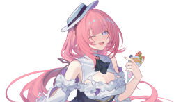 1girl blue_eyes breasts chinese_commentary cleavage commentary_request dress elf elysia_(honkai_impact) elysia_(sweet_memories)_(honkai_impact) hat highres holding holding_ice_cream_cone honkai_(series) honkai_impact_3rd ice_cream_cone large_breasts long_hair looking_at_viewer nizi_w official_alternate_costume open_mouth pink_hair pointy_ears simple_background smile solo tilted_hat upper_body white_background white_dress white_hat