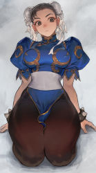 Rule 34 | 1girl, blue dress, bracelet, breasts, brown eyes, brown hair, brown pantyhose, bun cover, capcom, china dress, chinese clothes, chun-li, curvy, double bun, dress, earrings, hair bun, highres, impossible clothes, impossible dress, jewelry, kneeling, medium breasts, morry, pantyhose, pelvic curtain, puffy short sleeves, puffy sleeves, sash, short sleeves, side slit, sideways glance, spiked bracelet, spikes, street fighter, thick thighs, thighs