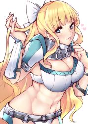 Rule 34 | 1340smile, 1girl, armor, bikini, blonde hair, blue eyes, bow, breasts, charlotte (fire emblem), cleavage, fire emblem, fire emblem fates, heart, highres, holding, holding own hair, large breasts, long hair, looking at viewer, nintendo, shoulder armor, solo, swimsuit, white bow