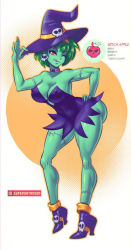 Rule 34 | 1girl, breasts, colored skin, green hair, green skin, hat, one eye closed, red eyes, rottytops, shantae (series), solo, supersatanson, tagme, witch hat, zombie, zombie girl