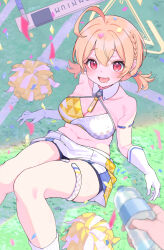 Rule 34 | 1girl, aibon, blonde hair, blue archive, breasts, cheerleader, cleavage, gloves, halo, highres, kotori (blue archive), kotori (cheer squad) (blue archive), medium breasts, midriff, millennium cheerleader outfit (blue archive), navel, official alternate costume, official alternate hairstyle, open mouth, plump, red eyes, short hair, sitting, smile, solo, triangle halo, white gloves