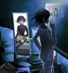 2boys arm_belt backlighting bedroom black_hair buttons check_commentary checkered_clothes checkered_scarf commentary_request cross-laced_jacket danganronpa_(series) danganronpa_v3:_killing_harmony different_reflection finger_to_mouth flipped_hair full-length_mirror gakuran hair_between_eyes hand_on_own_hip hand_up highres holding horse_mask indoors jacket long_sleeves looking_at_viewer male_focus mask messy_room mirror multiple_boys oma_kokichi pants photo_(object) profile purple_eyes purple_hair reflection scarf school_uniform short_hair sitting spoilers standing straitjacket sukizukiko thigh_strap thinking two-tone_scarf whiteboard