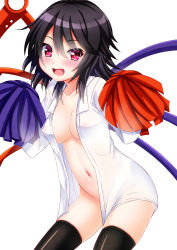 Rule 34 | 1girl, asymmetrical wings, black hair, black thighhighs, blush, breasts, covered erect nipples, ebi 193, fang, houjuu nue, looking at viewer, naked shirt, navel, open clothes, open mouth, pink eyes, pom pom (cheerleading), see-through, shirt, short hair, solo, thighhighs, touhou, white background, wings