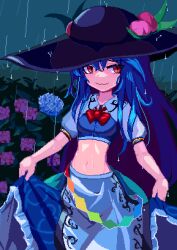 Rule 34 | 1girl, :3, black hat, blue hair, blue tank top, bow, bowtie, brodall pixel, center frills, closed mouth, clothes lift, commentary, flower, frills, hat, highres, hinanawi tenshi, hydrangea, lifting own clothes, long hair, looking at viewer, navel, outdoors, peach hat ornament, pixel art, rain, red bow, red bowtie, red eyes, see-through, short sleeves, skirt, skirt lift, solo, tank top, touhou, wet, wet clothes