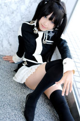 Rule 34 | 1girl, arm support, asian, black footwear, black hair, black pantyhose, blue eyes, breasts, color contacts, cosplay, d.gray-man, dutch angle, indoors, kipi-san, lenalee lee, lenalee lee (cosplay), long hair, looking at viewer, on floor, pantyhose, petite, photo (medium), rug, shoes, sitting, small breasts, solo, thighhighs, thighhighs over pantyhose, twintails, uniform