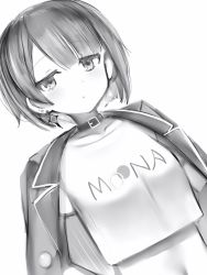 Rule 34 | 1girl, blunt bangs, bob cut, breasts, character name, choker, clothes writing, collarbone, cropped shirt, dutch angle, earrings, expressionless, greyscale, highres, hololive, hololive indonesia, jacket, jacket on shoulders, jewelry, looking at viewer, medium breasts, monochrome, moona hoshinova, moona hoshinova (3rd costume), moona hoshinova (casual), nanashi (nlo), official alternate costume, shirt, short hair, short sleeves, simple background, solo, t-shirt, upper body, virtual youtuber, white background
