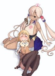 Rule 34 | 2girls, blonde hair, bread, breasts, dark-skinned female, dark skin, elbow gloves, food, gloves, hair ornament, highres, hololive, hololive english, lap pillow, large breasts, limiter (tsukumo sana), long hair, multicolored hair, multiple girls, planet hair ornament, sanallite (tsukumo sana), simple background, smile, thighhighs, tsukumo sana, tsukumo sana (1st costume), twintails, very long hair, virtual youtuber, watson amelia, white hair, yellow eyes, zedd (zedgawr)