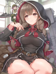Rule 34 | 3girls, bag, black capelet, black dress, blush, braid, breasts, brown eyes, brown hair, capelet, closed mouth, dress, em s, fairy (kancolle), feet out of frame, green hair, hair ribbon, highres, hood, hood up, hooded capelet, kantai collection, large breasts, long hair, long sleeves, multiple girls, purple hair, red ribbon, ribbon, shinshuu maru (kancolle), twin braids